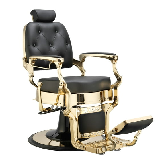 ADAMS Vintage Barber Chair, Reclining Heavy Duty Barber Chair, Black Seat Gold Frame