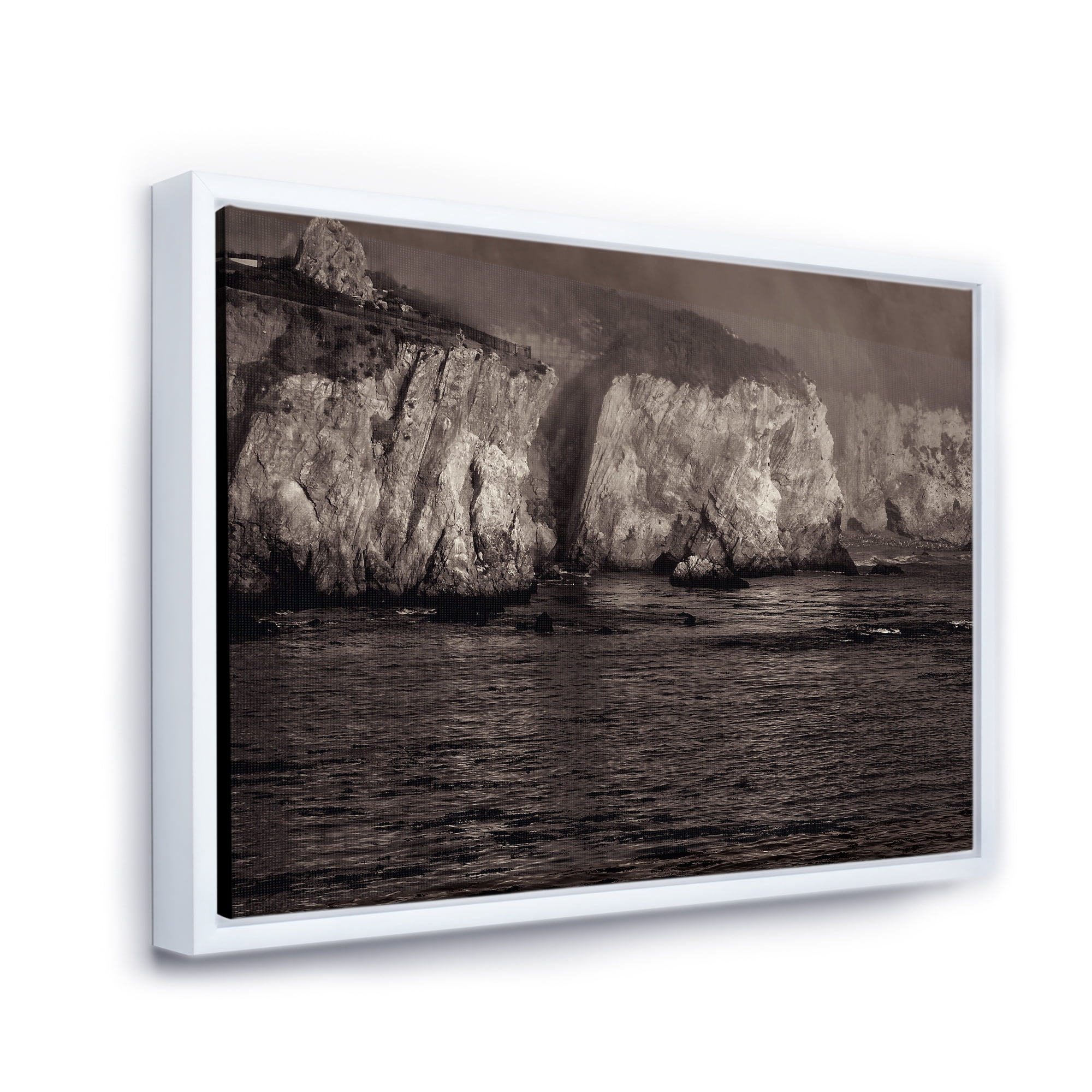 Designart 'Gold Cliffs Over Sea In The Fog' Modern Framed Canvas Wall Art Print
