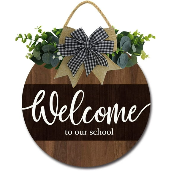 Eveokoki 12" Welcome to Our School for Front Door Farmhouse Porch ,Rustic Round Wooden Hanging Wreaths for Housewarming gift Christmas Festival Decoration Outdoor Indoor Wall Decor