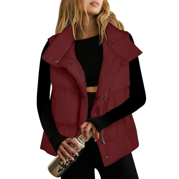 Womens Quilted Long Puffer Vest Jacket Sleeveless Winter Down Coats Waistcoat Women Lightweight Stand Collar Sleeveless Winter Warm Zip Up Padded Outerwear Jackets With Pockets B#132_Deep Red S