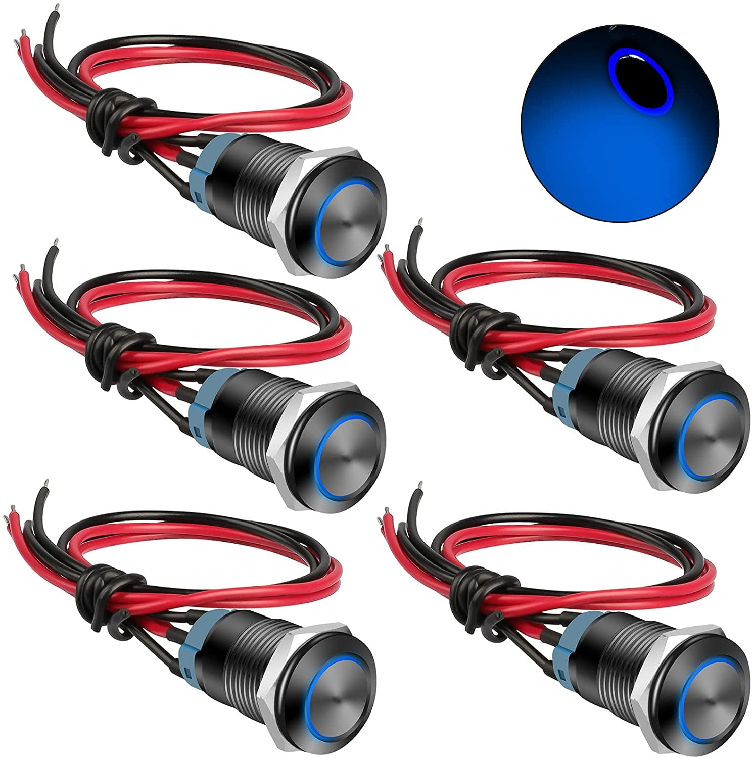 Push Button Switch Waterproof On-Off Light Wired Switches 12V For Motorcycle/Car 5Pcs Black 