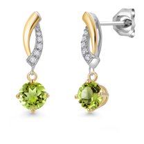 Gem Stone King 925 Silver and 10K Yellow Gold Green Peridot and White Lab Grown Diamond Dangle Earrings for Women | 0.95 Cttw | Gemstone August Birthstone | Round 4.5MM
