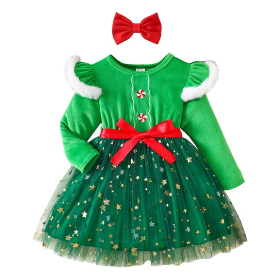Mercatoo Toddler Girls Christmas Dress 2 Piece Bows Sequin Fleece Shoulders Tulle Layered Skirt Headband Kids Holiday Dresses