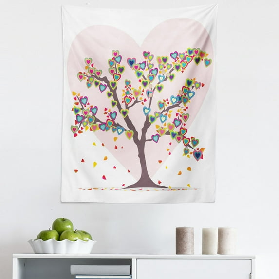 Love Tapestry, Tree with Leaves and Hearts Love Adore Celebrating Anniversary Art Print, Fabric Wall Hanging Decor for Bedroom Living Room Dorm, 5 Sizes, Multicolor, by Ambesonne