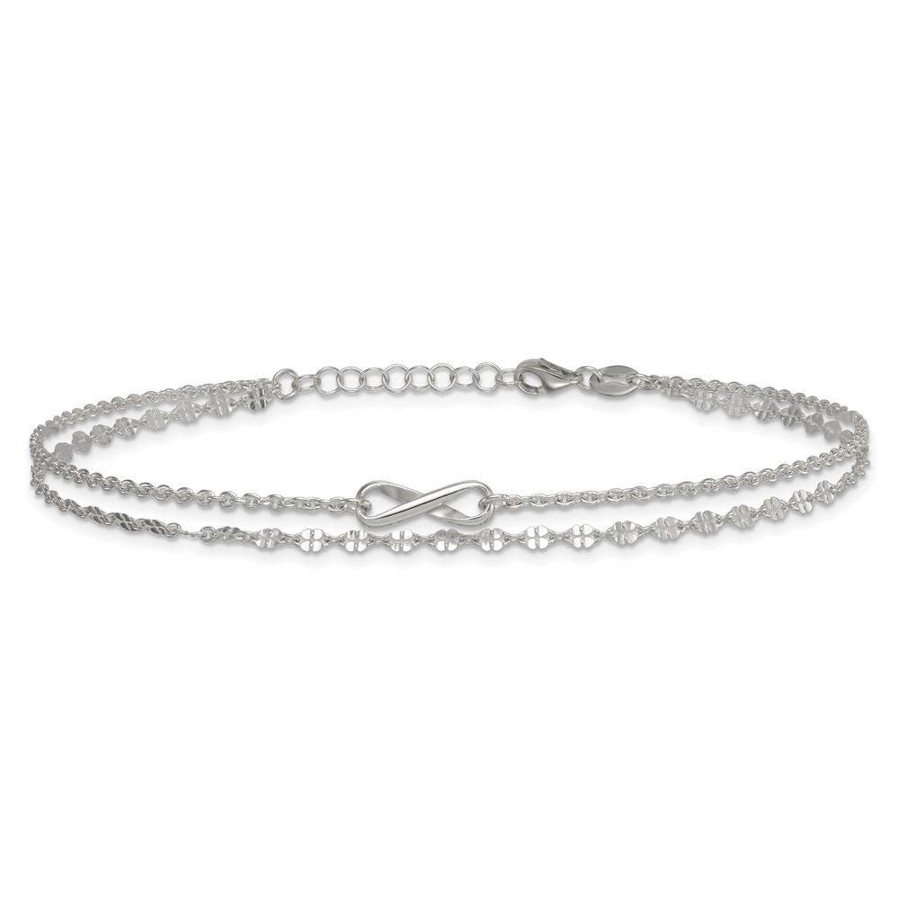 Sterling Silver Polished Infinity Double Strand 9 inch with 1 inch Extension Anklet