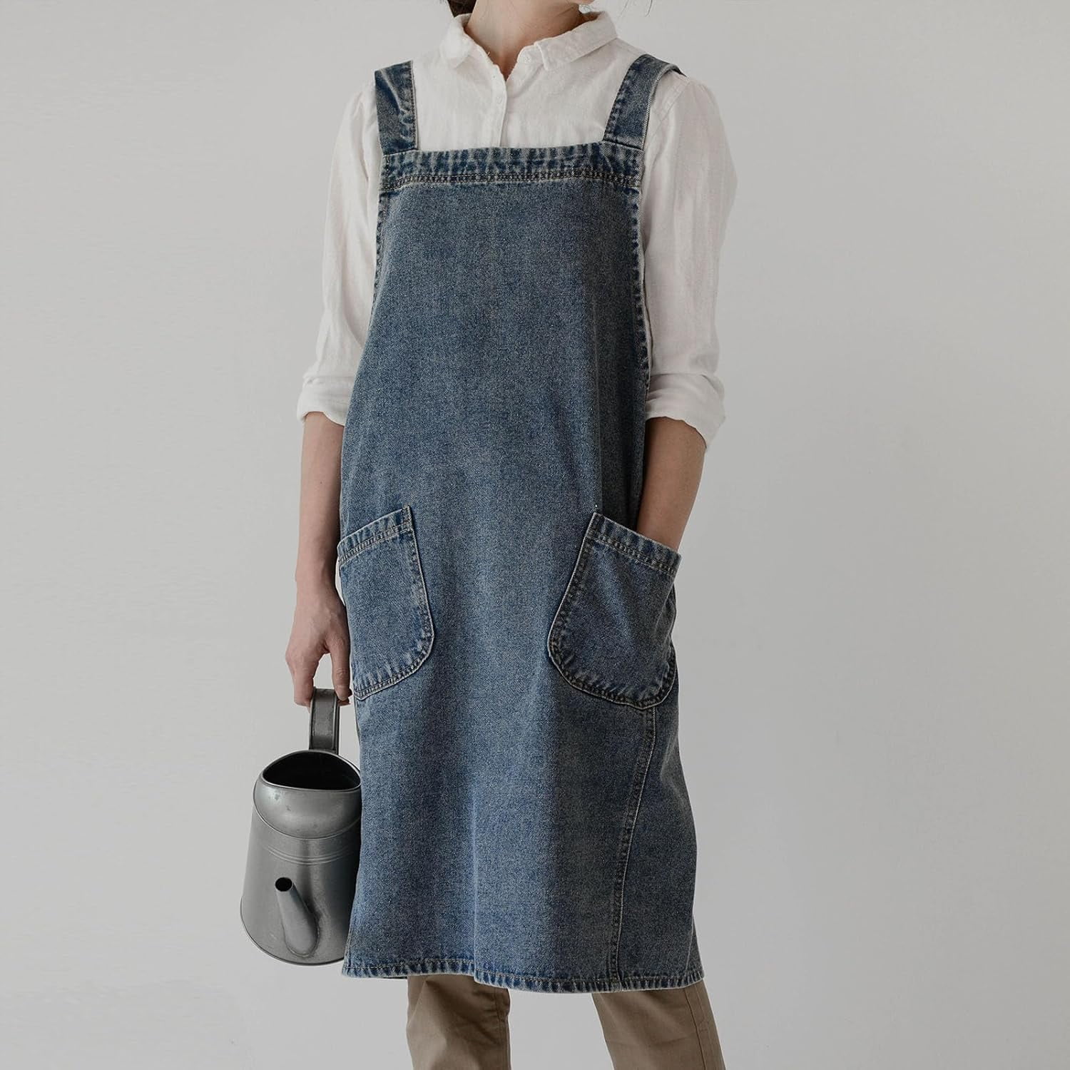 Cotton Denim Apron With 2 Pockets, Cross Back Aprons for Women Men, Bib Jean Kitchen Apron for Arts Cafe Work