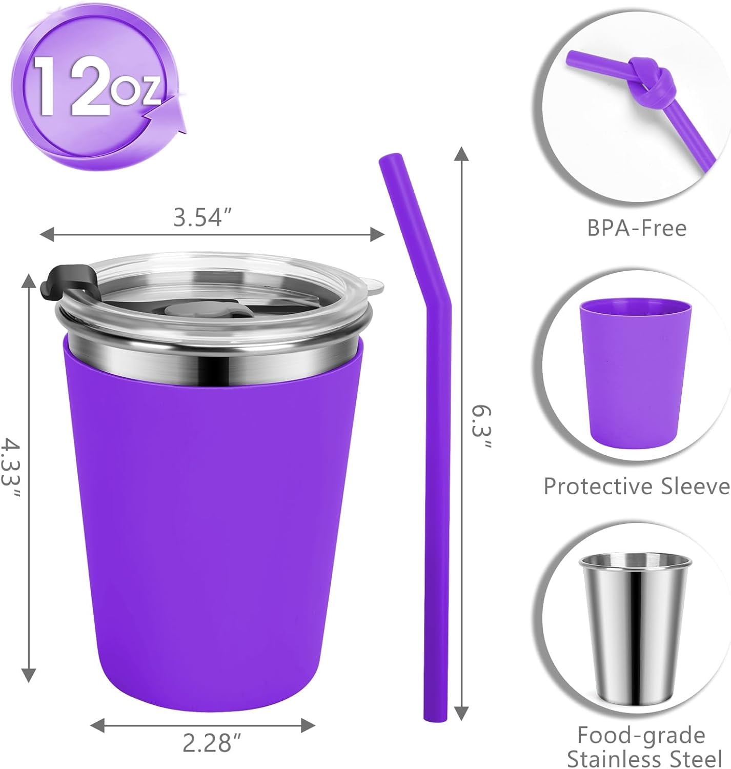Kids Cups with Straws and Lids, 5 Pack 12oz Spill Proof Toddlers Straw Cup with Lid, Stainless Steel Kids Cups with Lids for School, Outdoor, Multicolor