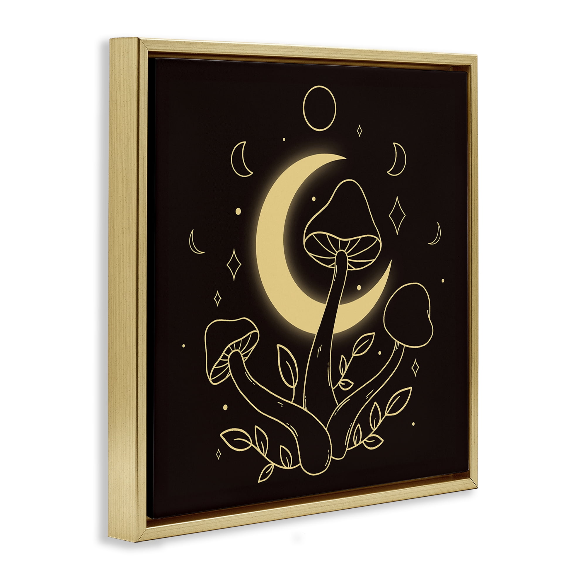 Stupell Industries Dancing Mushrooms & Moon Plants & Flowers Painting Gold Floater Framed Canvas Art Print Wall Art, 18 x 18