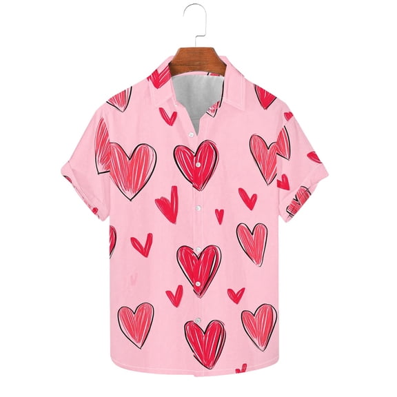 Stamzod Beach Shirts For Men 2026 Summer Lover Heart Hawaiian Button Up Shirt Men Valentines Plus Size Clothes Pink XXXL