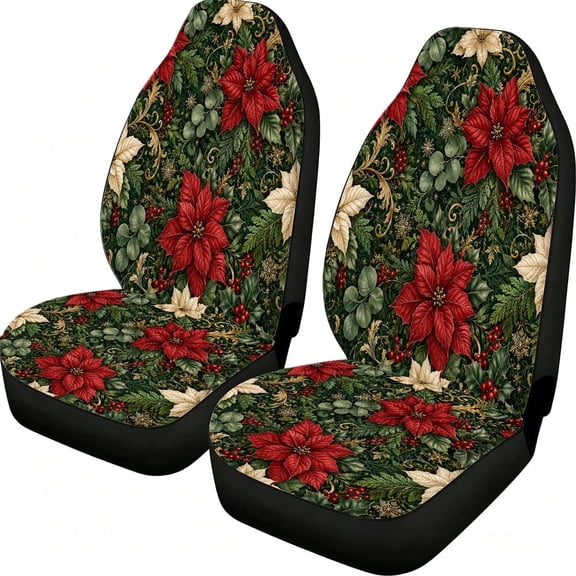 Christmas Poinsettia Print Car Seat Covers 2 Piece, Mesh Fabric Front Seat Protectors Universal Fit for Cars Suvs Trucks Vans