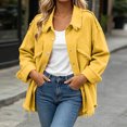 thumbnail image 2 of Women's Fringed Hem Denim Jacket, Lapel Button Front Long Sleeve Oversized Jean Shacket with Chest Pockets Casual Outerwear Yellow-AB S(S), 2 of 8