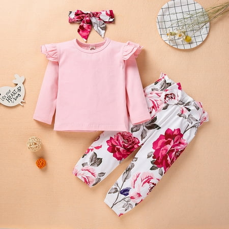 

Leutsin Newborn Infant Baby Girl Long Sleeve Ruffle Solid Tops+Floral Bowknot Pants Set