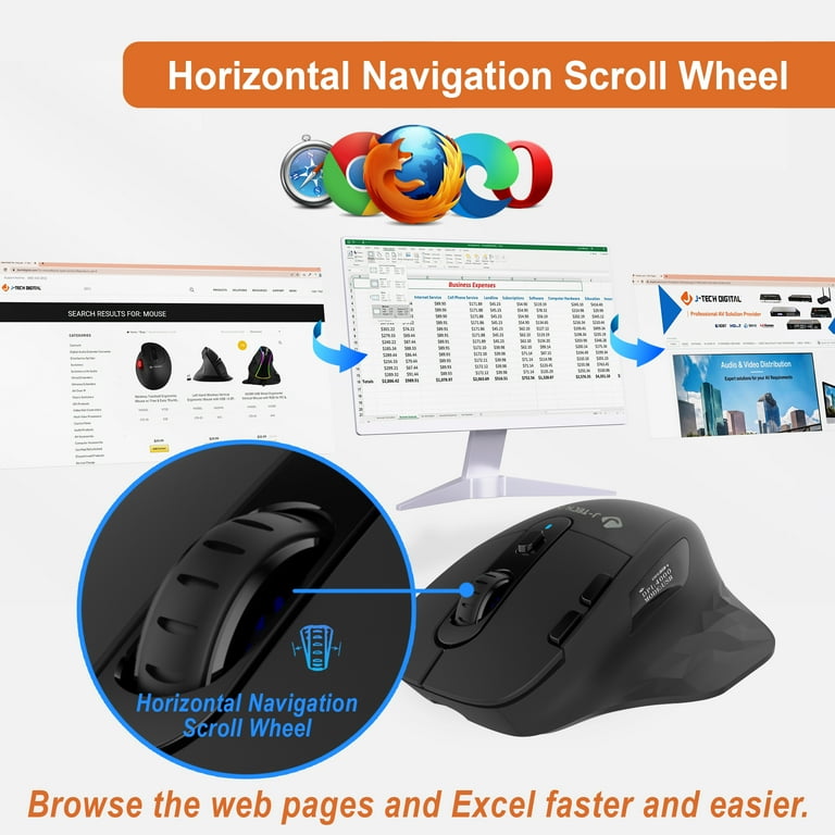 Silent Ergonomic Mouse w/ Wireless & Bluetooth – Multi-Device w/ Display  Screen, Adjustable DPI, & USB-C Rechargeable Battery - J-Tech Digital
