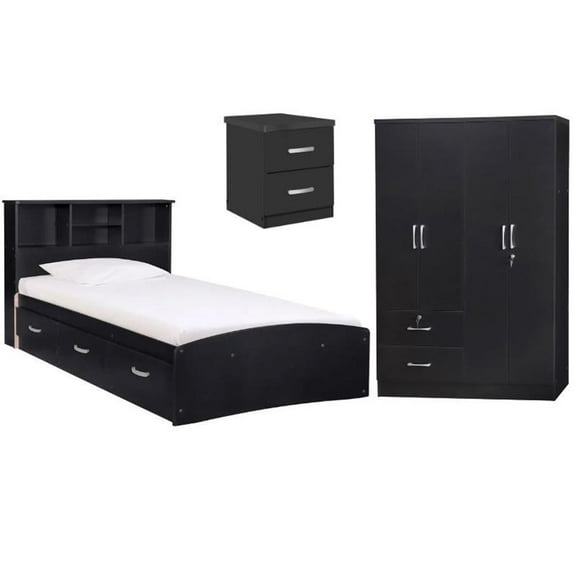 Home Square 3-Piece Set with Twin Bed 4-Doors 2-Drawers Armoire & Nightstand