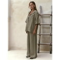 thumbnail image 5 of Women'S 2 Piece Outfits Solid Color Long Sleeve Linen Pants Suit Shirt Wide Leg Tracksuit Casual Straight Khaki L, 5 of 7