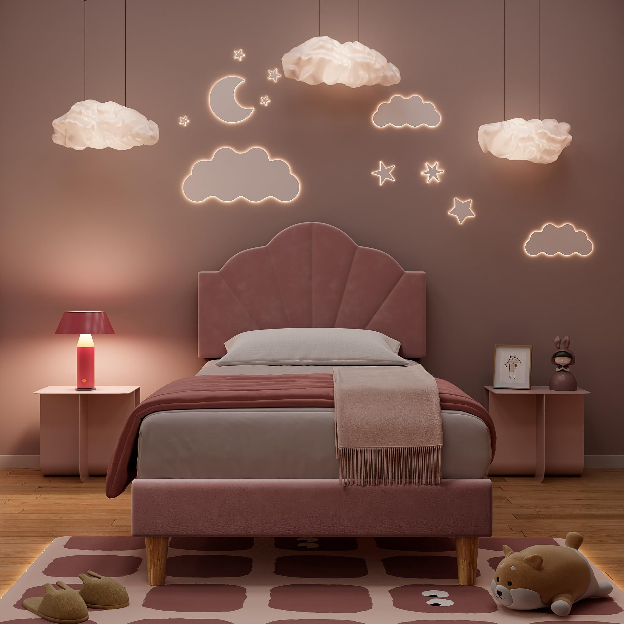 Jojoka Velvet Upholstered Twin Size Bed Frame with Adjustable Headboard, Cute Platform with Strong Wooden Slats Support, No Box Spring Needed, Easy Assembly, for Boys & Girls, Pink