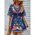 thumbnail image 3 of Fiesta Embroidered Mexican Dress for Women Beach Vacation Plus Size Short Sleeve Summer Boho Dresses with Pocket Blue XL, 3 of 8
