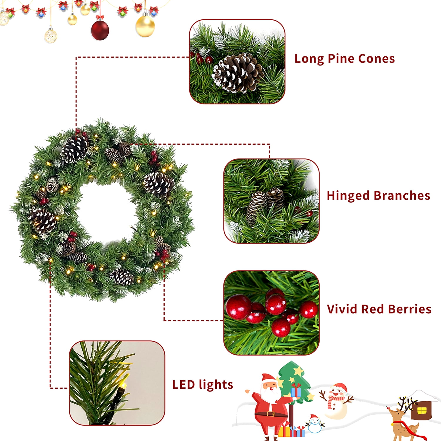 Kadyn 4-Piece Pre-lit Set Christmas Decorations, Christmas Fireplace Decorations, Front Porch Christmas Decorations, Artificial Christmas Garland, Wreath and Set of 2 4ft Christmas Tree, Green