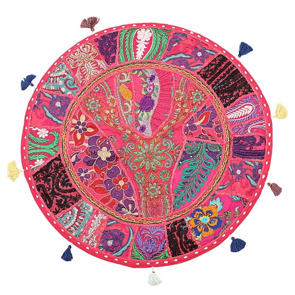 Stylo Culture Ethnic Floor Pillow Cushion Cover Vintage Patchwork Round Boho Seating Pink 22" Big Throw Pillows For Floor Decorative Decor Tuffet Seat Pouf Cover Footstool Cotton Embroidered 1 Pc
