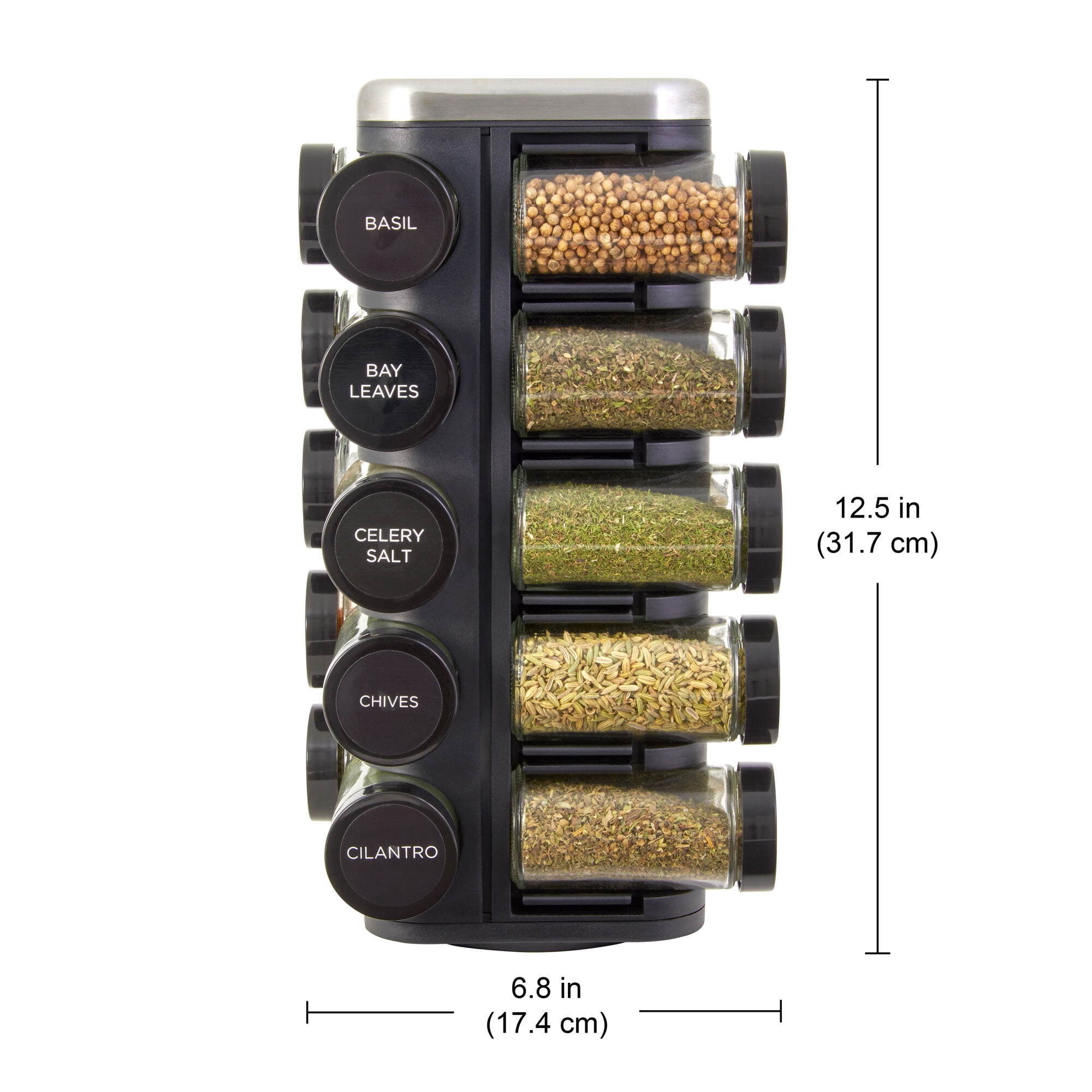Kamenstein Prefilled 20 Count Glass Jar Plaza 5-Tier Spice Rack, Rotating Spice Rack with Filled Jars, Space-Saving Kitchen Counter Organizer