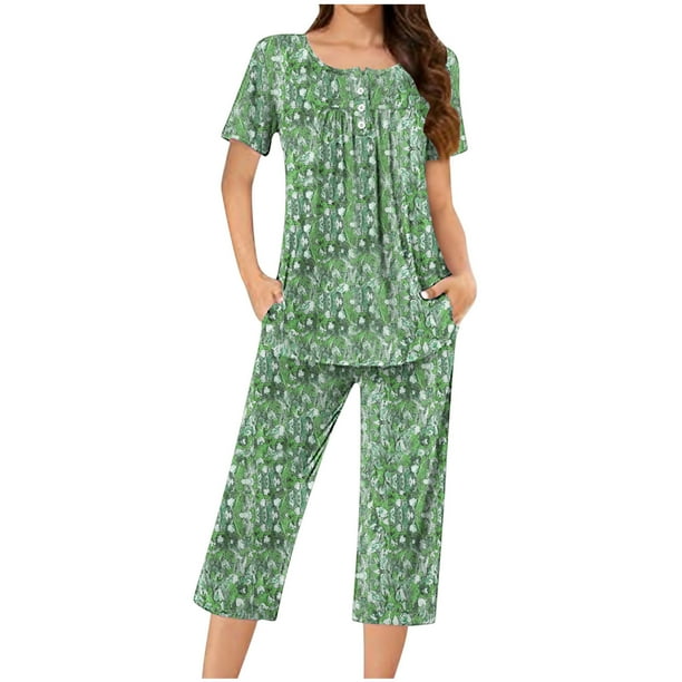 Sexy Pijama Conjunto para las Mujeres Cuello Redondo Blusa de Manga Corta Y Pantalones, Traje de Moda Casual para el Hogar Y Diario