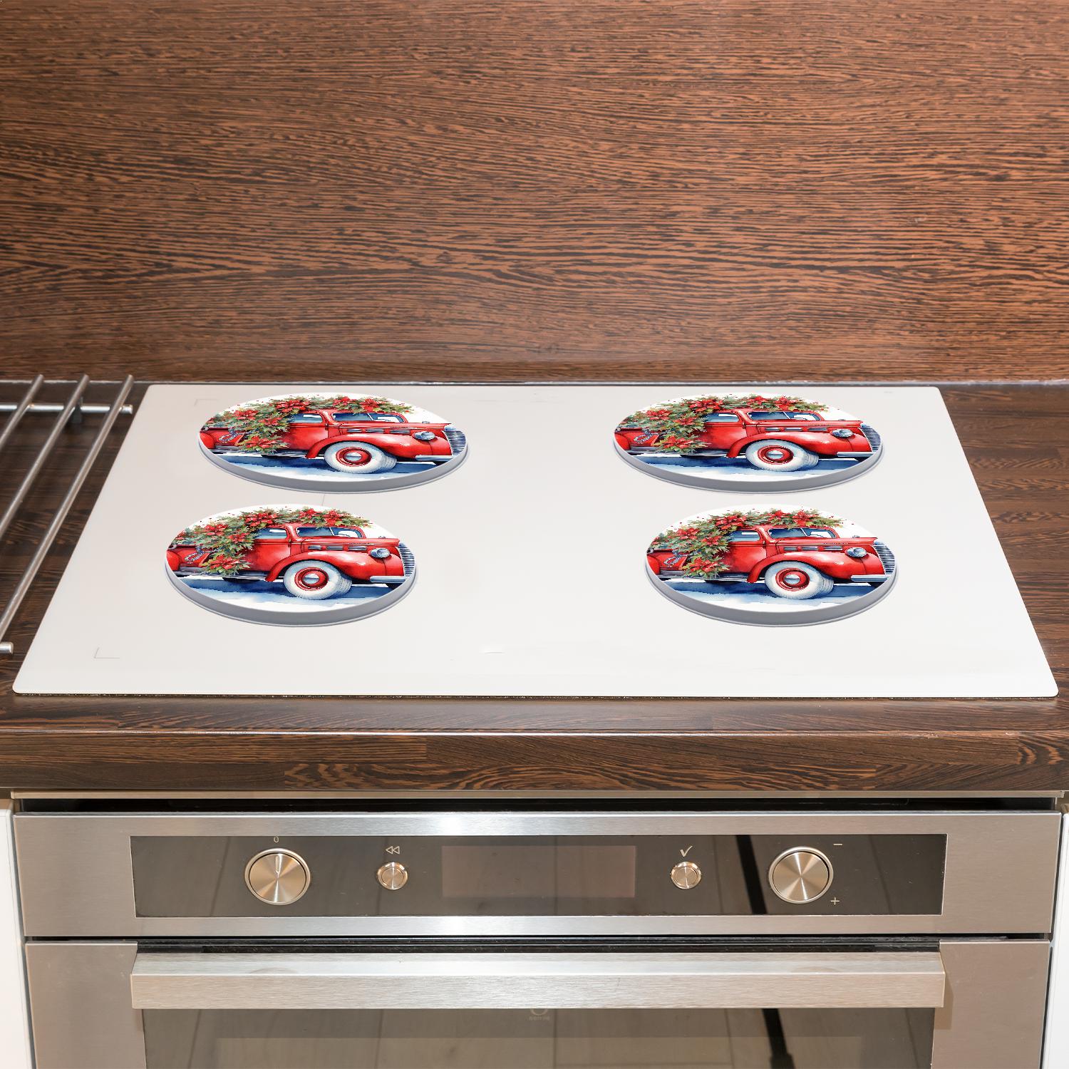 Round Stove Burner Covers 4 Pcs Round Gas Stove Burner Cover 8Inch And 10Inch for ,Blue Wooden Christmas Truck Poinsettia Elegant