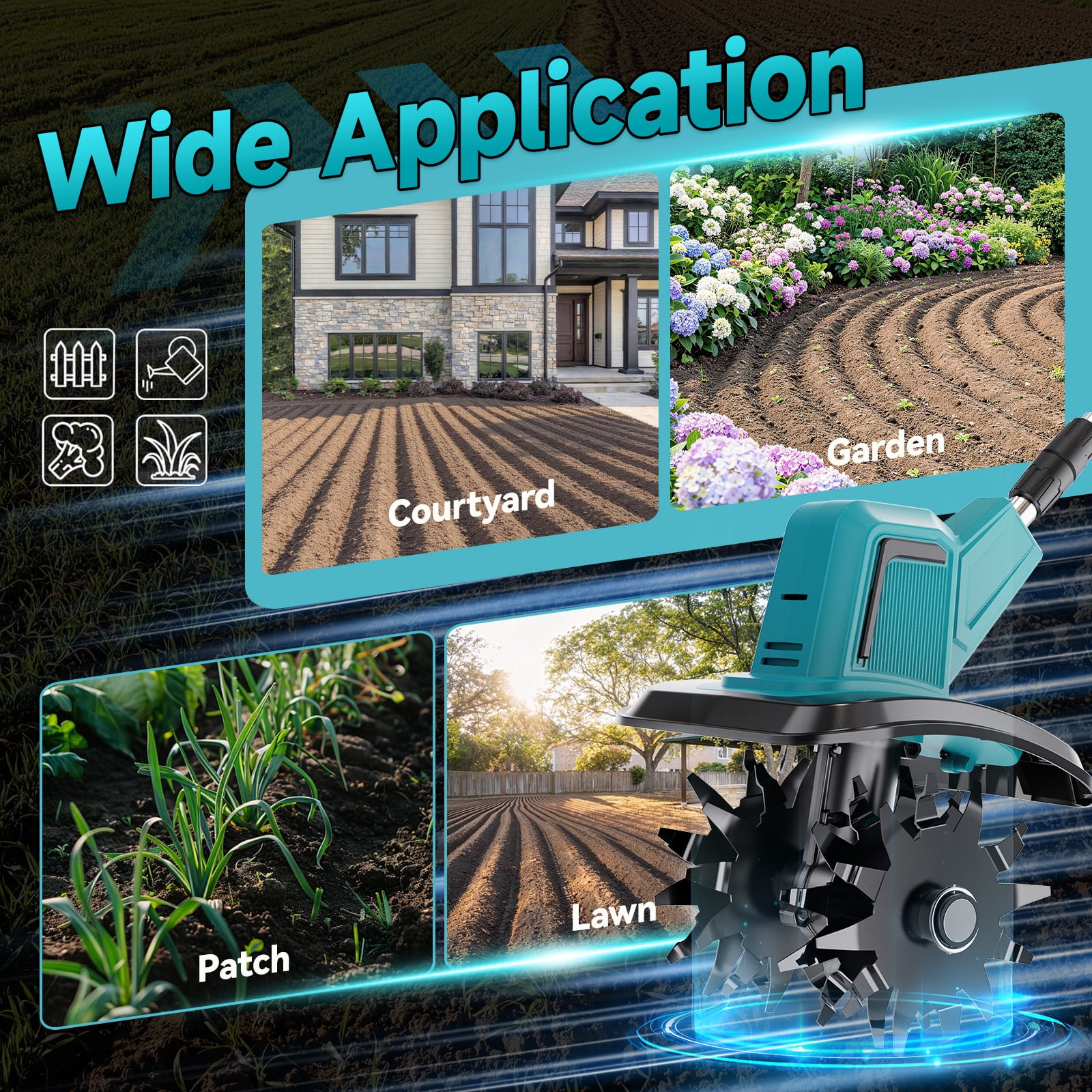 Garden Tiller Cultivator, Manganese Steel Tines, 2×Battery & Charger, for Soil Tilling Weeding Plowing, Compact Lightweight Garden Tool, Local Warehouse Shipping