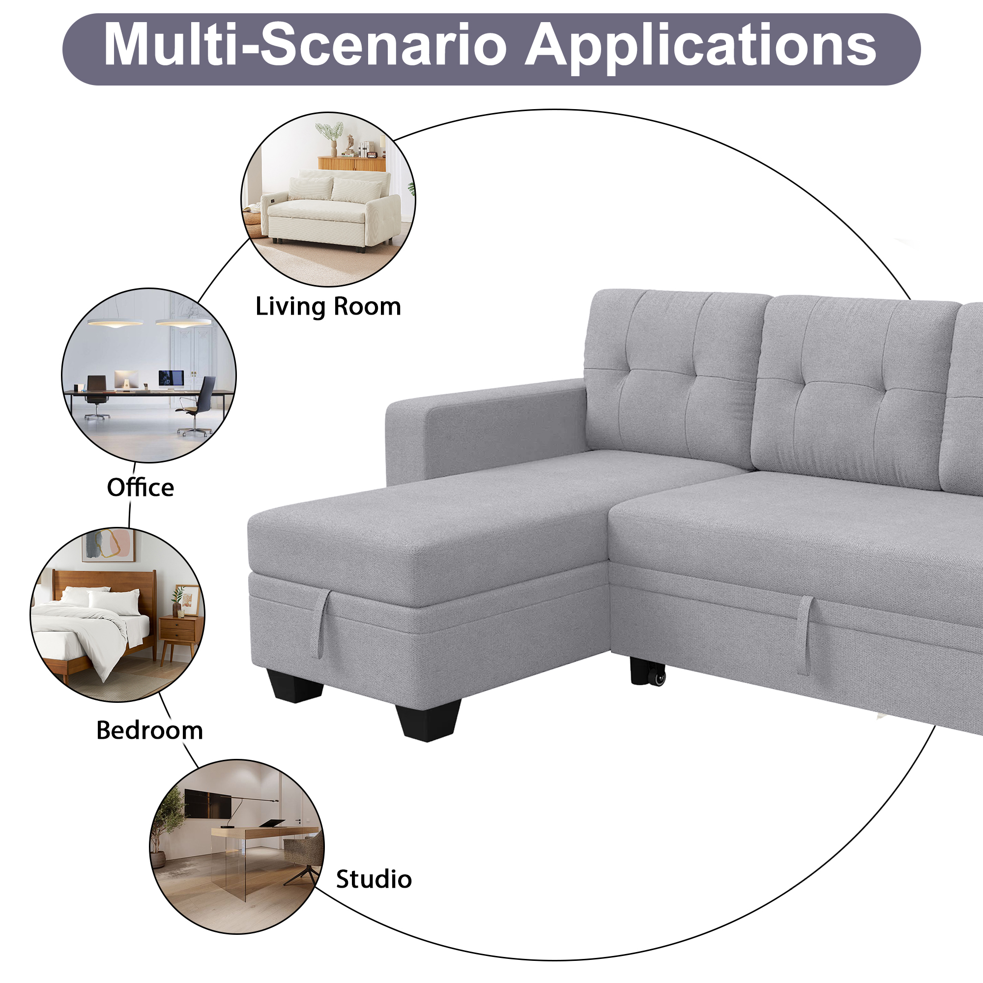 DEALTOPS Linen Reversible Sleeper Sectional Sofa Bed with Storage Chaise,Gray