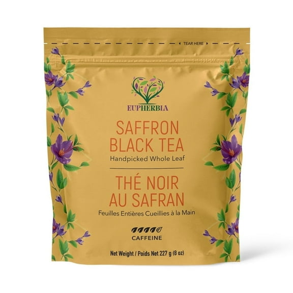 Eupherbia Saffron Black Tea, Handpicked, Highland Grown Whole Leaf Tea, Saffron Enriched, 227g (8 oz)