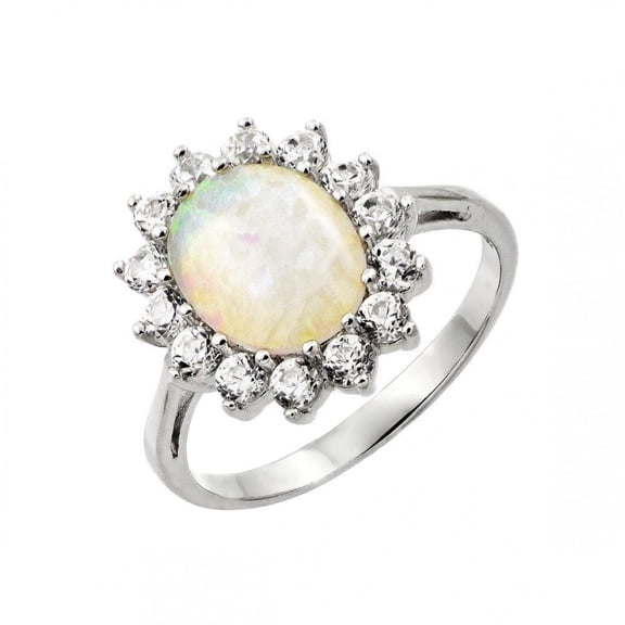 Rhodium Plated Sterling Silver 925 White Simulated Opal Sun Ring CZ Jewelry Female Size 9