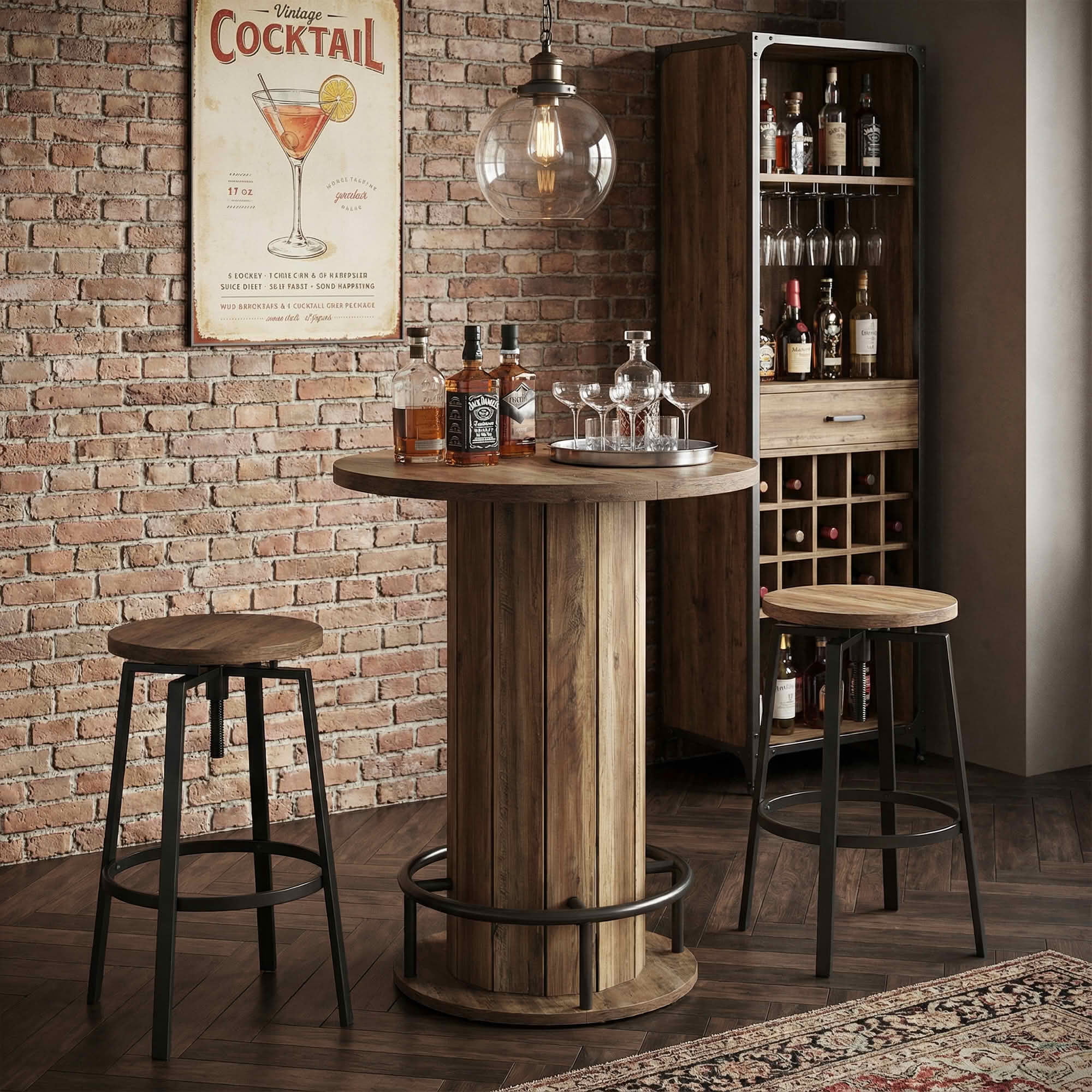 MAYEERTY Industrial-Farmhouse Bar Height Round Bistro Table, Wooden Pub Table with Footrest for Home Kitchen Cafe Apartment