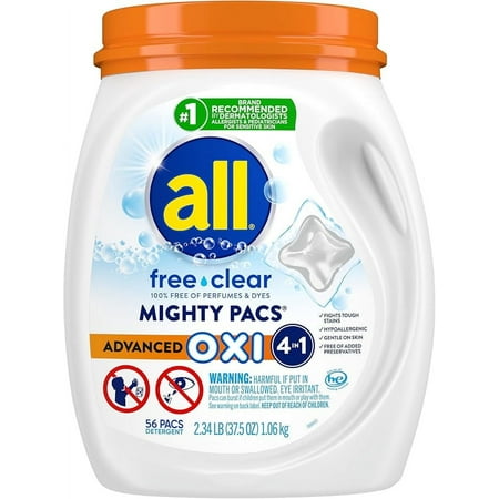 All Laundry Detergent Pacs, Mighty Pacs With Oxi Stain Removers And Whiteners, Free Clear, Unscented And Dye Free, 56 Count