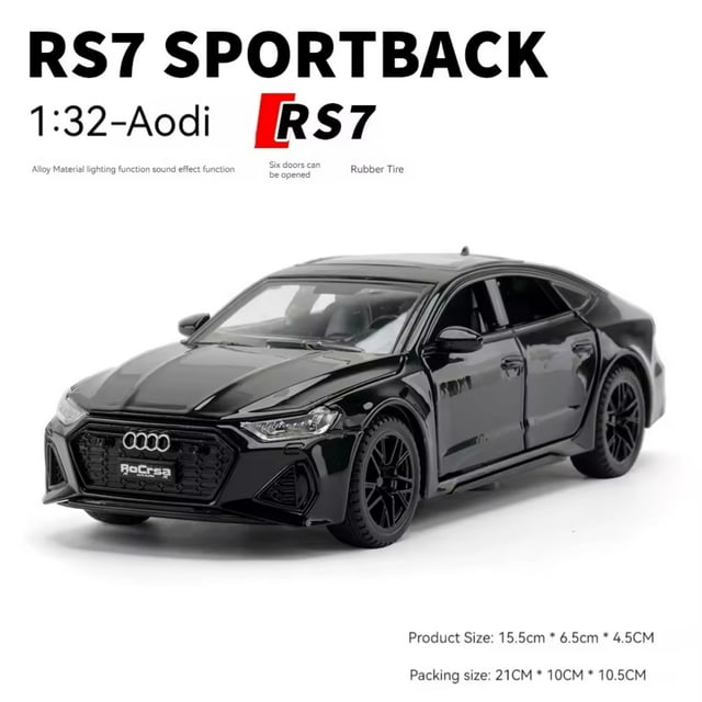 1:32 Scale Audi RS7 Diecast Car Model with Sound & Light Effects, Pull-Back Function, Openable Doors - Zinc Alloy & ABS Construction, 15.6cm Black/Red Toy Vehicle for Ages 3+ in Window Box (C361)