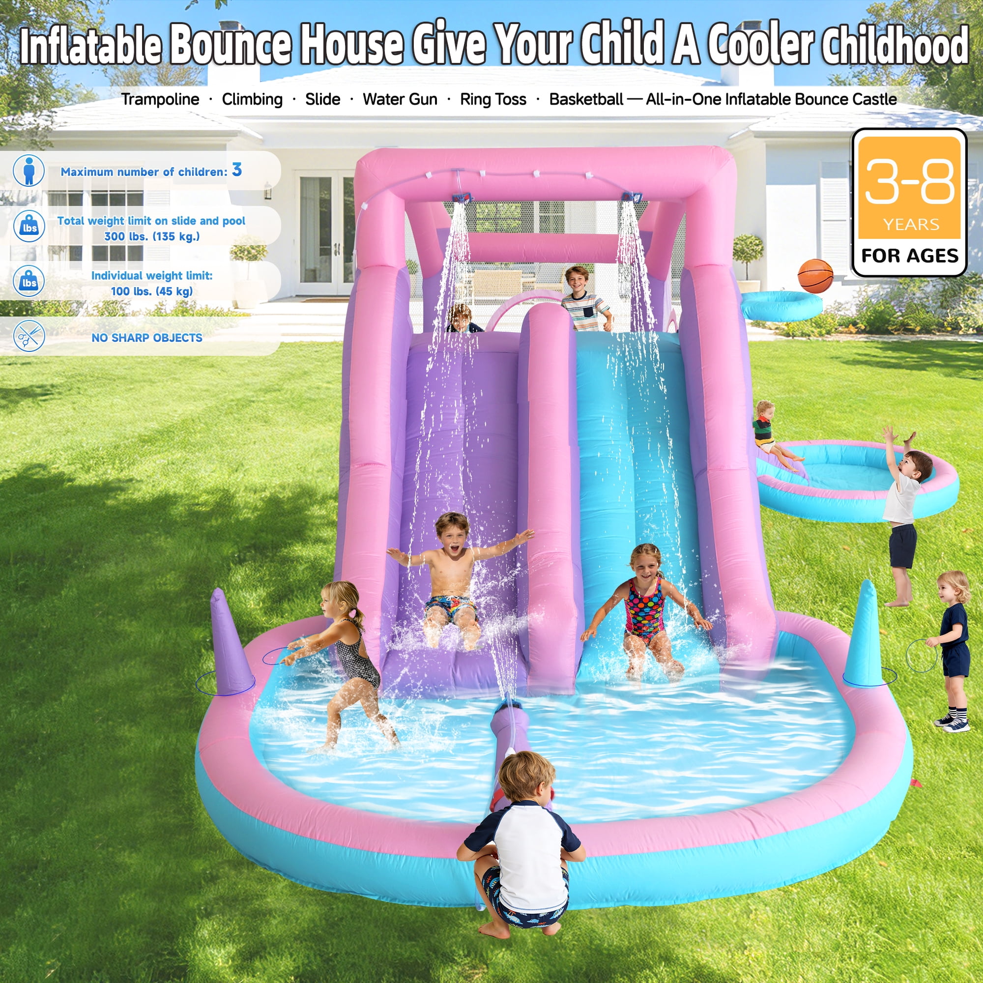 Anypool Inflatable Water Slide Bounce House 9-in-1 Backyard Water Park Double Racing Slides Splash Pool Ages 3-8