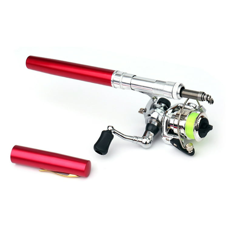 Biplut 1.6m Pen Shape Telescopic Mini Fishing Pole Rod with Metal Spinning  Reel Wheel (Golden) 