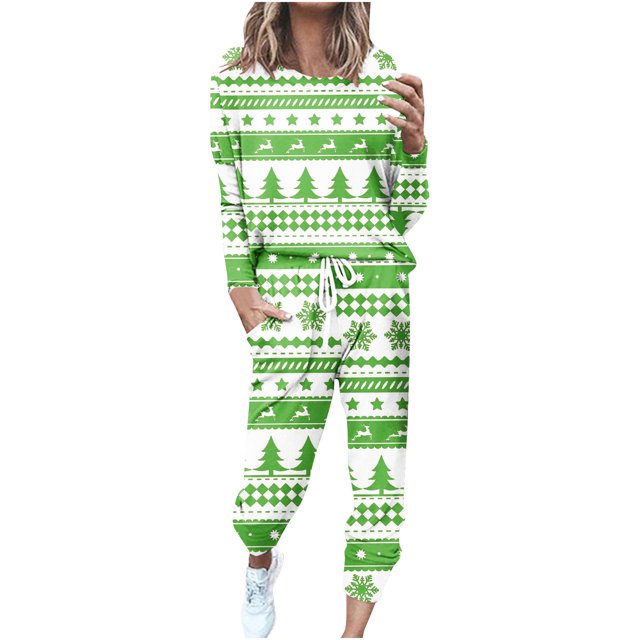 KIHOUT Survêtement pour Femmes Ensemble 2 Pcs Imprimé de Noël Manches Longues Col Rond Pantalon Décontracté Ensemble de Jogging