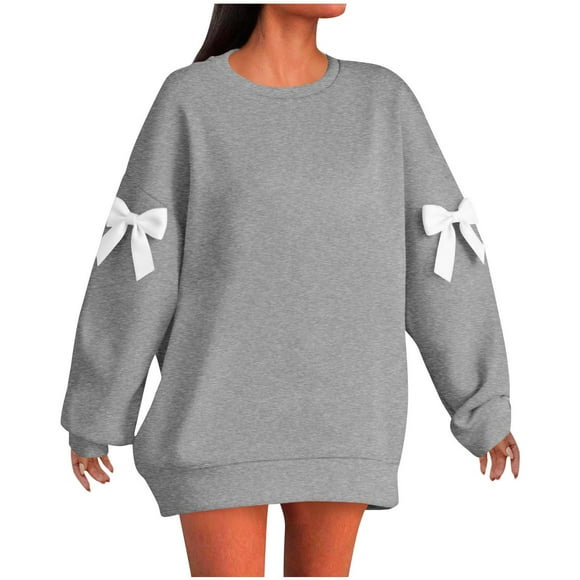 COKOI Oversized Sweaters Women's Solid Color Bow Round Neck Long Sleeved Loose Pullover Sweater Sweatshirt(Gray 2XL