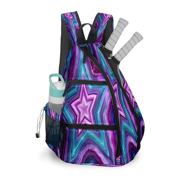 Pickleball Bag with Padded Back, Star Pattern PurpleBlue Multi-Compartment Paddle Backpack, Lightweight Nylon Sports Bag for Men & Women