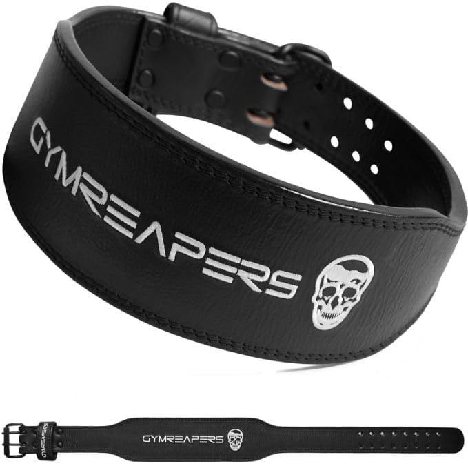 Gymreapers Leather Weightlifting Belt for Bodybuilding, Squatting, Lower Back Support & Back Pain - Real Leather, Adjustable Buckle Sizing - Men & Women - (L)
