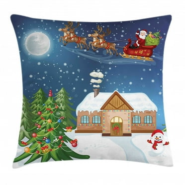 Christmas Decorations Throw Pillow Cushion Cover, Classic Eve Scene Santa Delivering Gift with Rudolf the Red Nosed Reindeer, Decorative Square Accent Pillow Case, 16 X 16 Inches, Multi, by Ambesonne