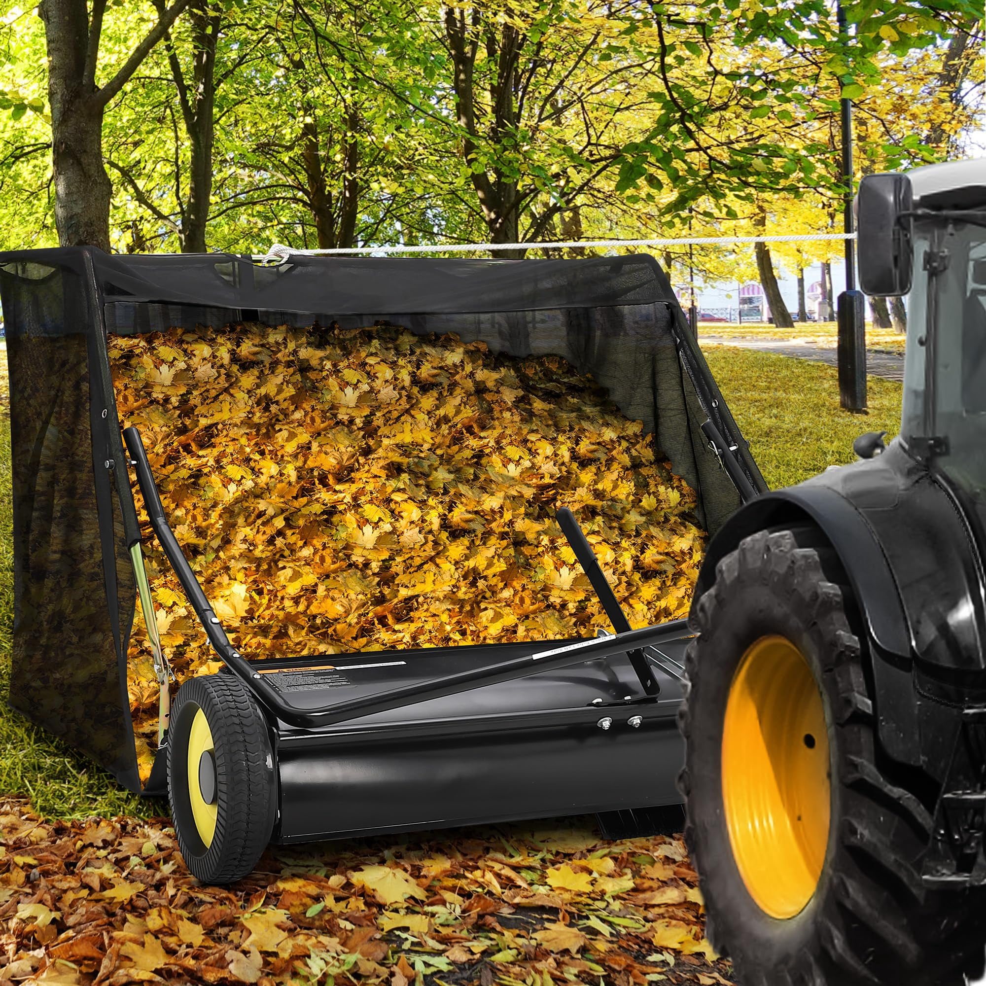 Tow Behind Lawn Sweeper, 50" Pull Behind Collector – Large Capacity Leaf & Grass Collector with Adjustable Height, Dumping Rope Design for Debris and Lawn Clippings