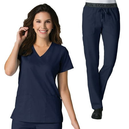 

Maevn Eon Back Mesh Panel Shaped V-neck Top & Embroidered Logo Waistband Cargo Pant Scrub Set