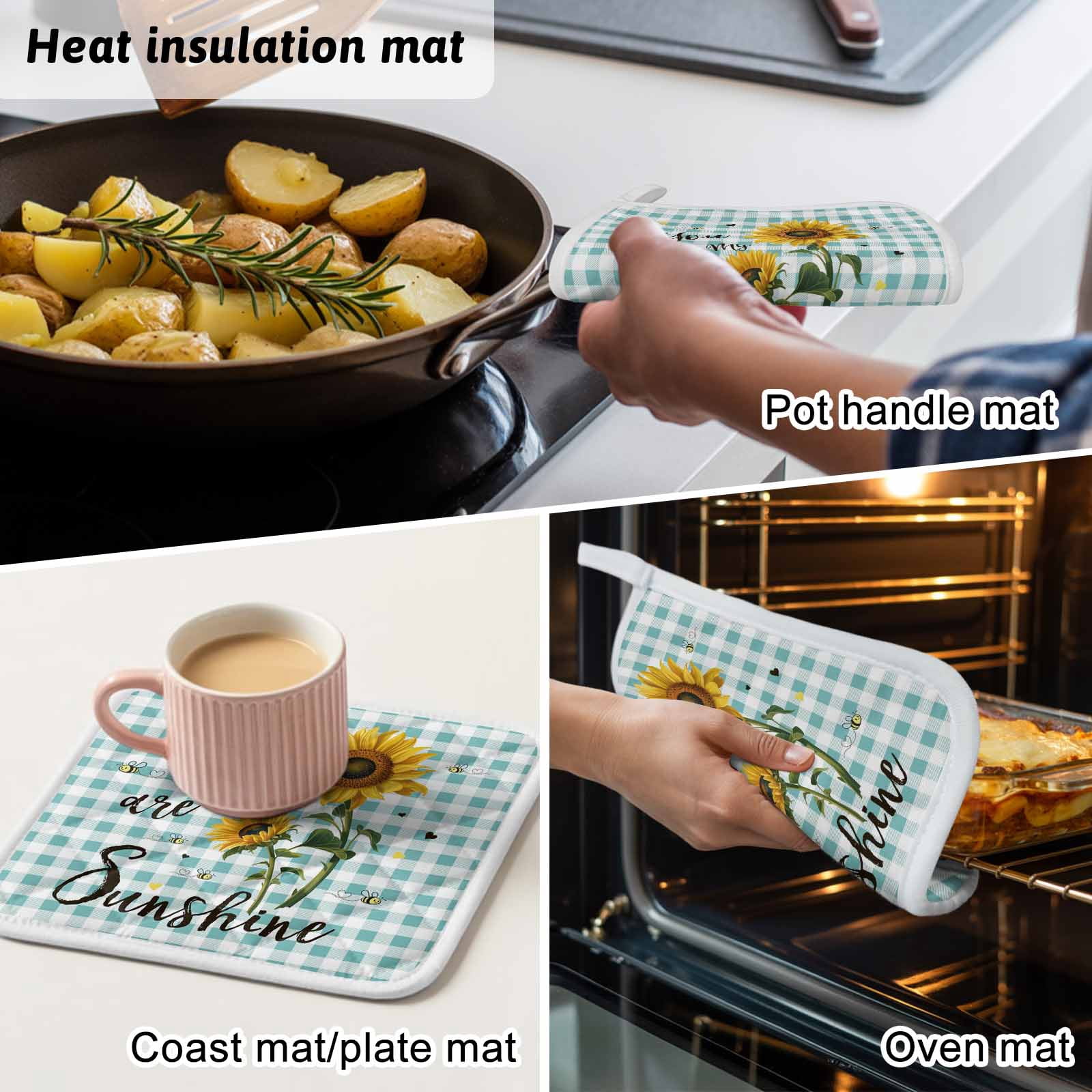 Sunflower Pot Holders for Kitchen Heatproof Potholder, 2 Pack Teal Green Check You Are My Sunshine Bee Hot Pads Multipurpose Oven Pads Cloth Potholders Trivet for Cooking and Baking