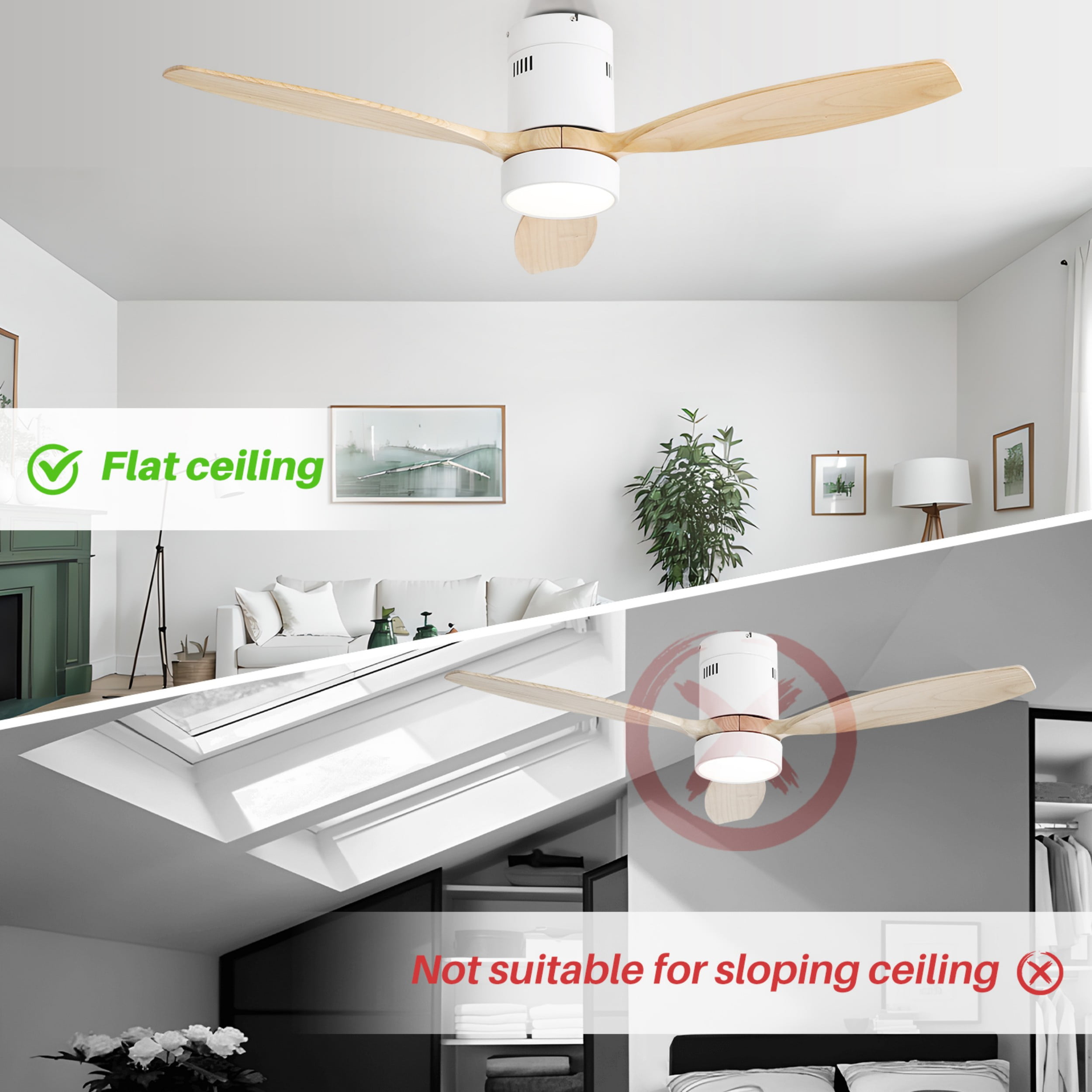 Sofucor 52inch Wood Low Profile Ceiling Fans with Lights and Remote, Modern Flush Mount Quiet Ceiling Fan for Bedroom, Reversible DC Motor, 3 Color & 6 Speed, for Indoor Outdoor Patio,(White+Wood)