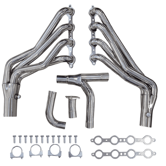 Long Tube Exhaust Headers with Y-Pipe 1999-2007 Chevy Silverado GMC Sierra Tahoe Yukon Suburban Escalade GMT800 4.8 5.3 6.0 6.2 V8 2WD 4WD Polished 304 Stainless Steel 1 3/4" Primary 3 Inch Collector