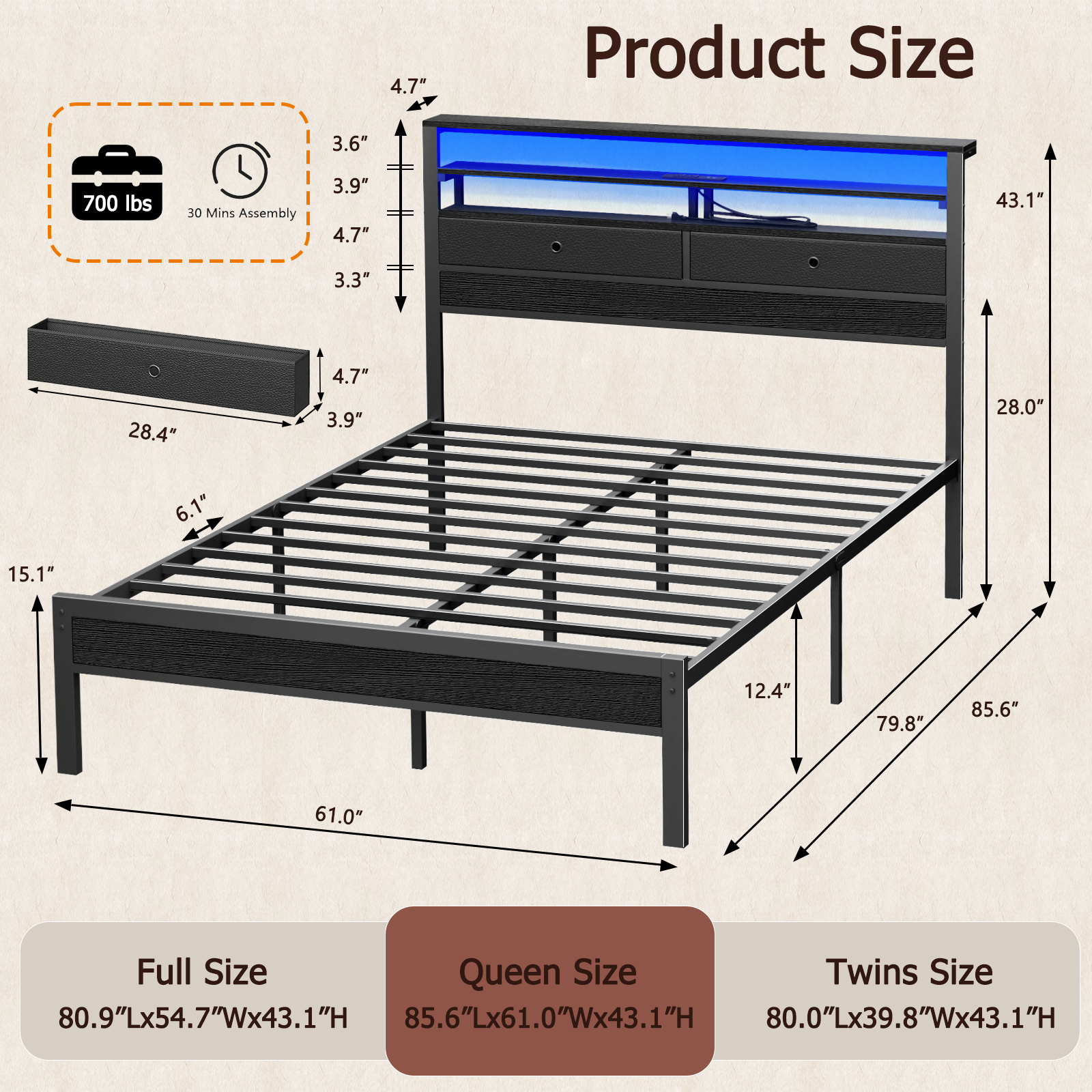 BYT Queen Size Bed Frame with 2 Storage Drawers Headboard, LED & Charging Station, Black oack