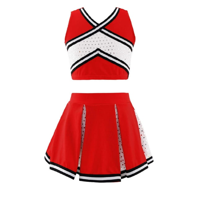 RUNQHUI Costume de Cheerleader pour Filles, Débardeur de Danse avec Jupe Plissée, Rouge 14