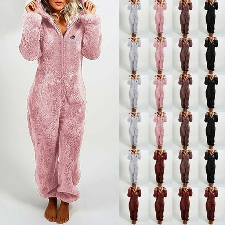 

WGOUP Autumn And Winter Women S Plush Thickened Plush One-Piece Pants Hooded Pajamas Christmas Clothes Gray