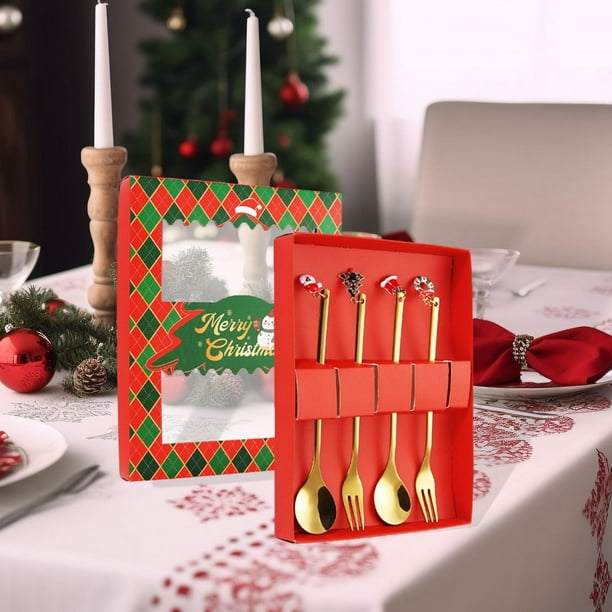 Juego de 4 Piezas de Cubiertos Navideños de Acero Inoxidable con Diseño de Papá Noel, árbol Y Alce. Ideal para Regalar, Decorar El Hogar, Usar en Rest oro 4 piezas