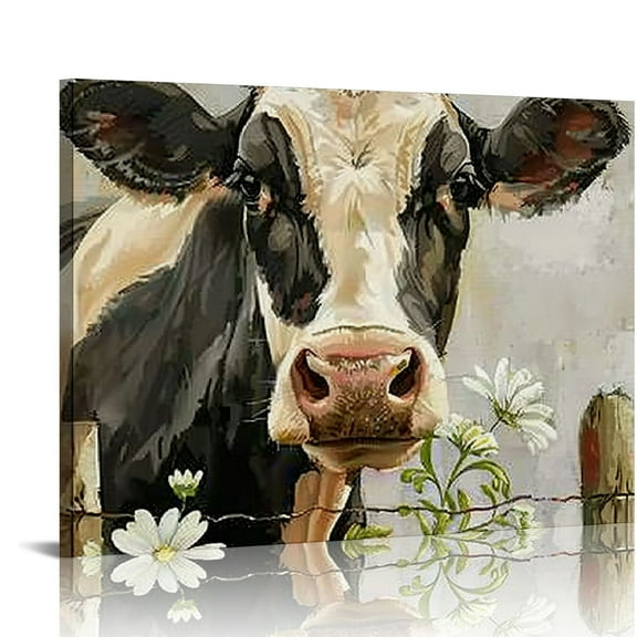 Creowell Farmhouse Highland Cow Wall Art Canvas Rustic Cow with Flower Painting Wall Decor Framed Poster Home for Living Room Bedroom Bathroom Decoration 20x16in